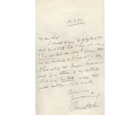 STOKER BRAM: (1847-1912) Irish Author of the novel Dracula (1897). A.L.S., Bram Stoker, one page, 8vo, n.p. (London), 12th Ma