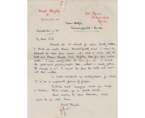BLYTON ENID: (1897-1968) English Children's Writer. A.L.S., Enid Blyton, one page, 8vo, Green Hedges, Beaconsfield, Buckingha