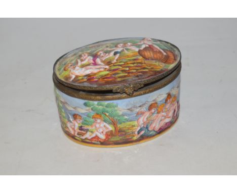 Neapolitan ceramic oval box with metal mounts and hinged cover, decorated overall with putti within a landscape.