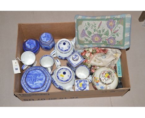 A collection of mainly Ringtons ceramic china in blue and white; and a Masons 'Ironstone' ginger jar and cover.