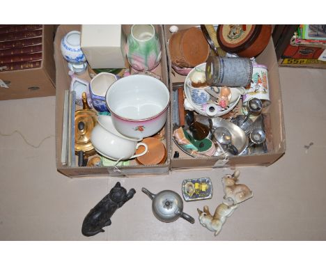 A collection of household sundries, including: ceramic chamber pots, Ringtons jar, metal teapot, chrome metal candlesticks, l