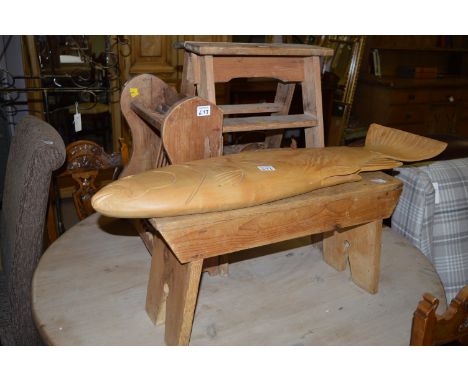 Country kitchen items, to include: a stripped pine plate rack; a striped pine step ladder; a stripped pine stool; and a carve