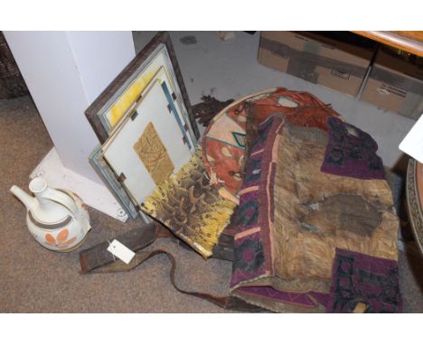 Prints of African artifacts; an engraving 'The City Benin'; a mounted piece of tribal manuscript; and two watercolours; toget