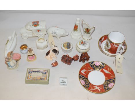 Crest ware, to include: a pig; Red Cross Ambulance; a tank; a harp; a Royal Worcester Queen Elizabeth II Jubilee Trio.