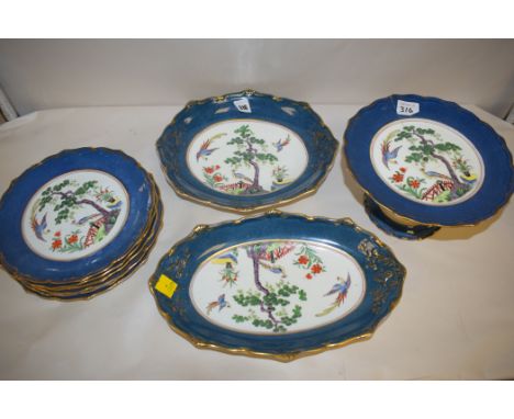 A Crown Staffordshire part dessert service, to include: cake stand, side plates and serving dishes, with exotic bird decorati