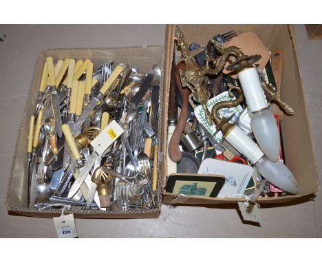A quantity of miscellaneous loose plated metal and steel cutlery, electric wall light fittings, kitchen knives, etc., in two 