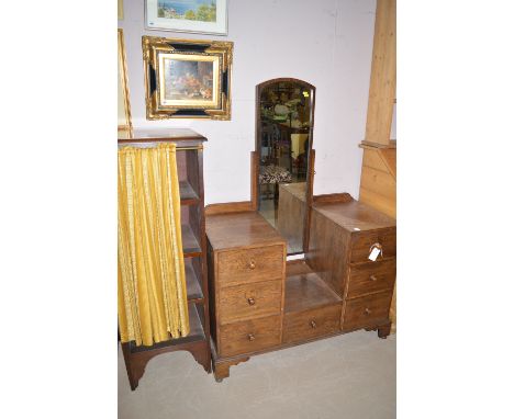 An Edwardian mahogany shelf unit, with yellow stripped cloth curtain attached to brass rail, 46cms wide and a mid 20th Centur