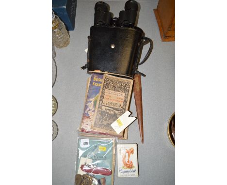 A pair of Turners Novolight 8 x 40 binoculars, cased; a phid made from teak of the HMS Valiant; small books; military interes