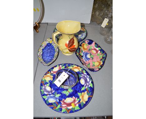 Maling china including plates and dishes; together with a hand-painted Czechoslovakian jug by Ditmar Urbach. (6)
