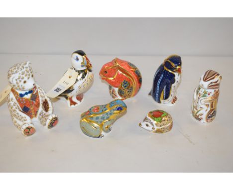 Royal Crown Derby paperweights, to include: fountain frog; Chester chipmunk; rock hopper penguin; strawberry; and others, wit