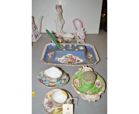 19th Century ceramics, to include: a pink and blanc candlestick; a similar shoe pattern vase; an inkwell in Rockingham style 