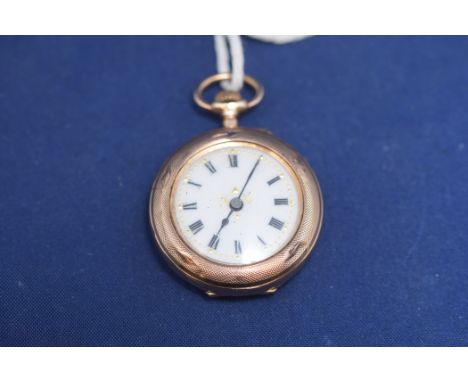 A 9ct yellow gold open faced fob watch; with engraved decoration and white enamel roman dial.