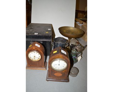 A black painted tin bearing inscription; two Edwardian mantel clocks; metalware, including a cloisonne enamel teapot; a two m