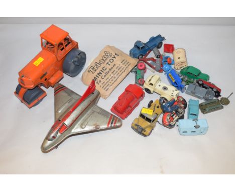 A collection of playworn model vehicles, comprising: a clockwork aeroplane; Triang Minic clockwork steam roller; a clockwork 