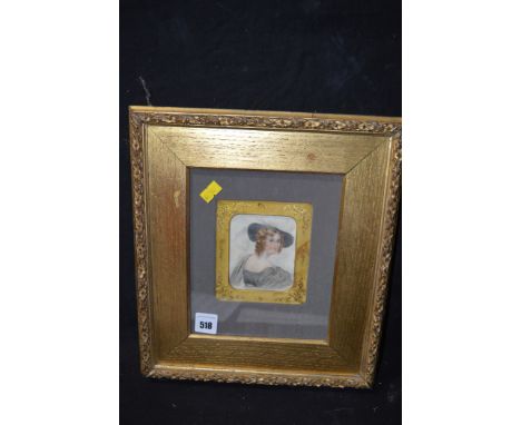 A Victorian watercolour - portrait of a lady in white brimmed feathered hat, in giltmetal frame, mounted in a larger frame.