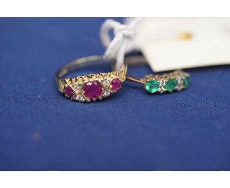 A ruby and diamond ring, on 9ct. yellow gold shank, ring size M; together with an emerald and diamond ring, on 9ct. yellow go