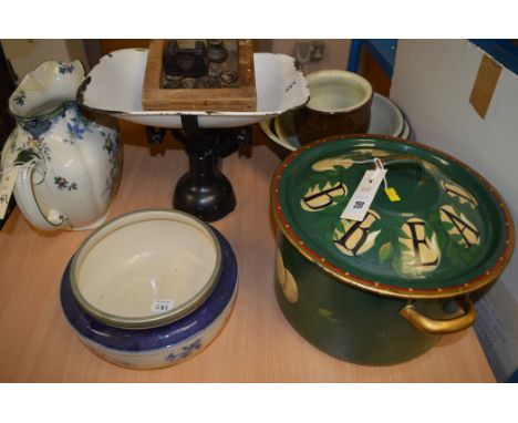 A hand-painted enamel bread bin; scales and weights; stoneware; and other items.