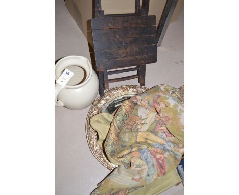 Childs folding chair; cream coloured ceramic jug; and a convex wall mirror; a tapestry style wall hanging.