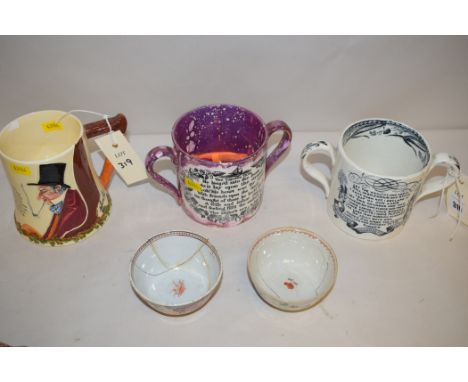 A Sunderland lustreware loving cup 'The Sailor's Tear'; a 'God Speed the Plough' two-handled cup; a Crown Devon John Peel mus