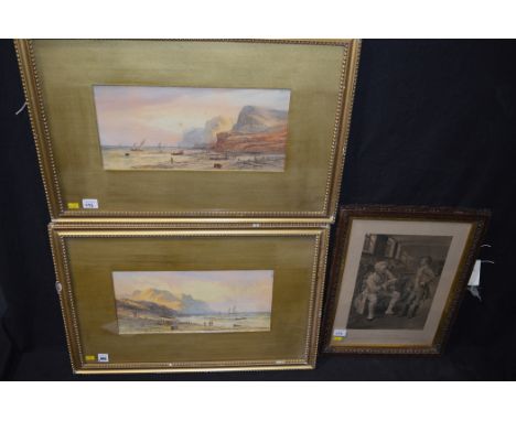 A pair of late 19th Century watercolours - beach scenes with fishermen and boats; and a photogravure - "Wellington's first en