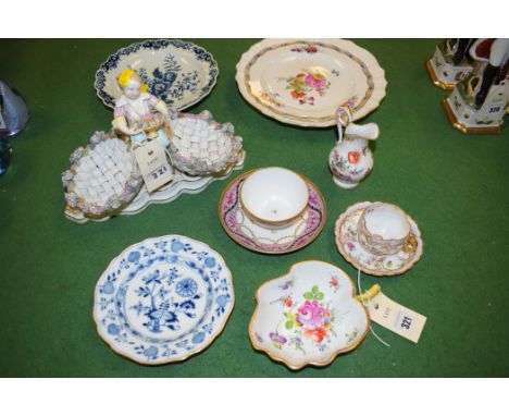 Ceramics to include: an early Worcester porcelain blue and white plate; a Dresden tea cup and saucer; a pair of Meissen onion