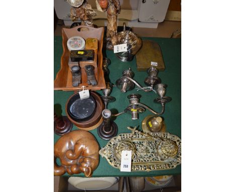 A quantity of metalware, including: a 19th Century brass inkwell; a pair of candelabra arms; a teapot; and woodwork items.