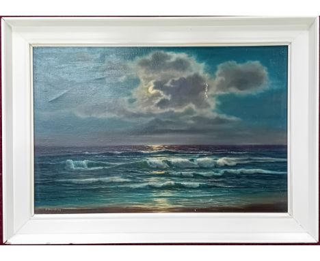 Arnold Beardsley (1915-) oil on canvas of a moonlit seascape, framed, overall size 65cm x 90cm (scratch to paint surface).