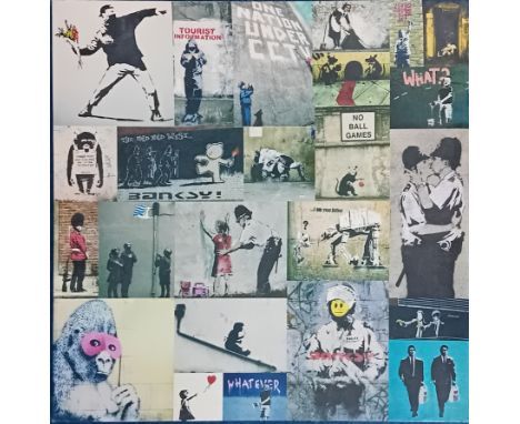 Banksy, a screenprint collage of his street art on canvas, overall size 76cm x 76cm.
