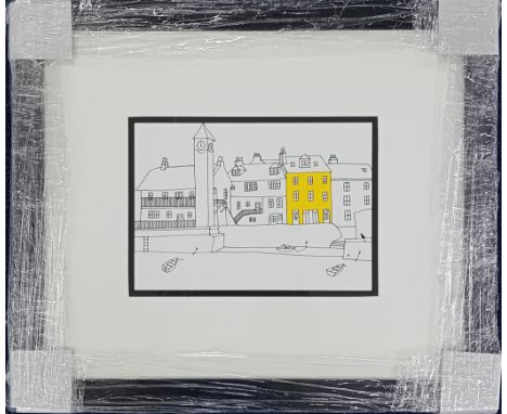 John Glynn (Plymouth artist, 1964-), pen and ink drawing 'Kingsand', framed and glazed, overall size 46cm x 54cm.
