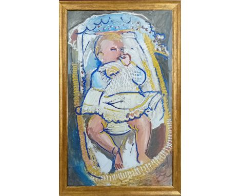Fred Yates (British, 1922-2008) oil on board, 'Baby in a Cot', subject size 76cm x 45.5cm, framed and glazed, overall size 83