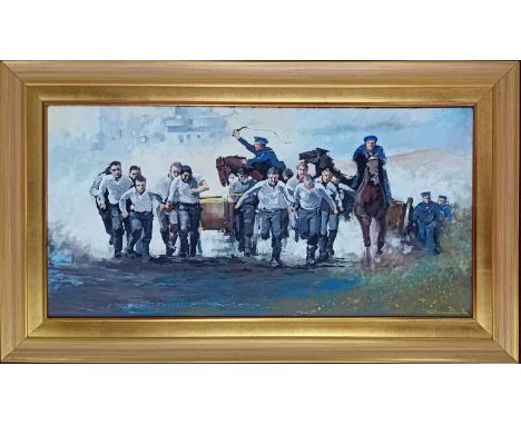 Richard Clark, an oil on canvas of the Naval Field Gun Crew running for ‘The Brickwood Trophy’, framed, overall size 63cm x 1