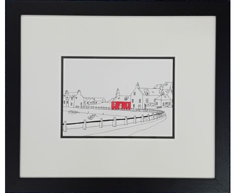 John Glynn (Plymouth artist, 1964-), pen and ink drawing 'Around the Bend', framed and glazed, overall size 46cm x 54cm.