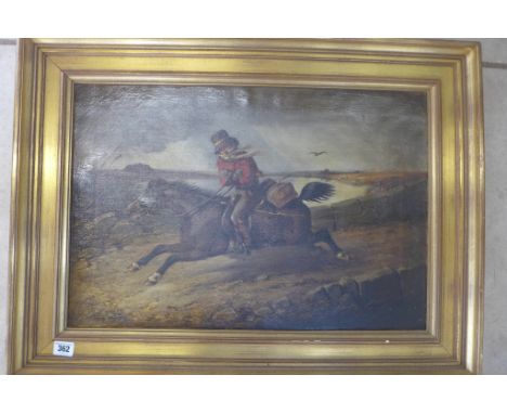 An oil on canvas, Horse and rider at speed, signed R Leaglan, 1859 - in a gilt frame, 55x74cm - two patch repairs, otherwise 