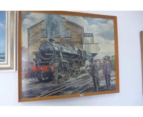 A framed acrylic on board baring an inscription ' Black five - Keighley and Worth Railway Pres Society signed Terry Shelbourn