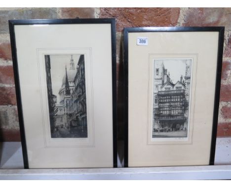 Two etchings of London St Pauls by K Vernon and E Sharland - 17th century house, both in ebonised frames 