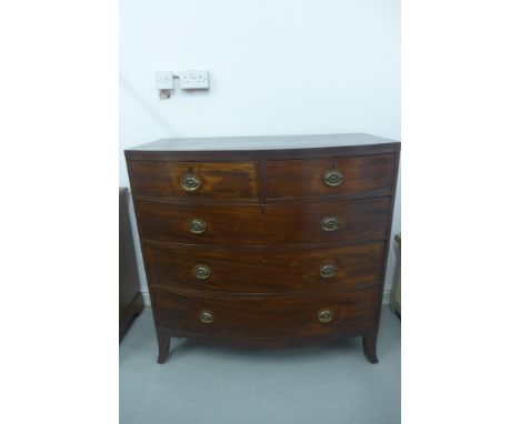 A Georgian mahogany and cross banded ebony strung bow fronted chest of two over three drawers, in polished condition, 106c, t