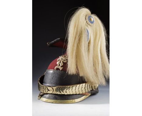 dating: about 1870 provenance: Bavaria, Body covered with bordeaux fabric, with peak, base, visor and back part in leather. A