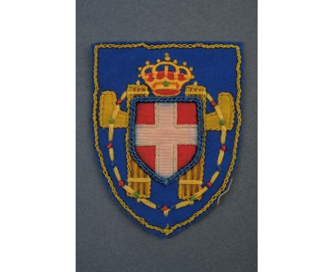 dating: 20th Century provenance: Italy, An escutcheon embroidered on a light-blue ground with Savoy coat-of-arms, bands and c