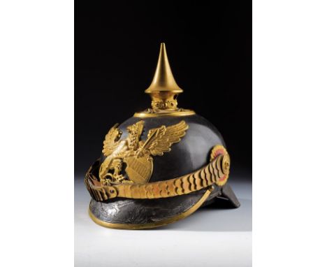 dating: about 1910 provenance: Baden, Leather, blackened skull, visor and neck-guard. Gilded, brass mounts. Smooth chape on a