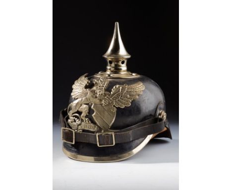 dating: 1914-18 provenance: Baden, Blackened, leather skull, visor and neck-guard. Iron mounts with smooth spike on a disk, B