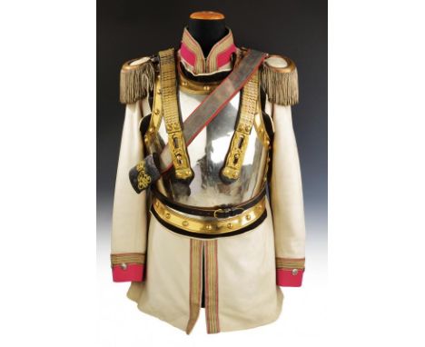 dating: about 1910 provenance: Prussia, Koller in fine, white fabric with red collar and cuffs and stripes in silver thread w