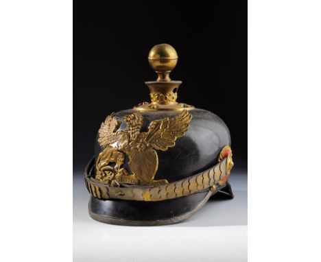 dating: circa 1900 provenance: Baden, Leather, blackened skull, visor and neck-guard. Brass mounts. Sphere-chape on a disk wi