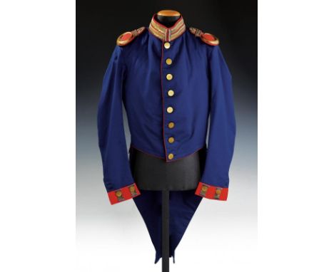 dating: 1840 circa provenance: Prussia, In blue fabric with red collar, cuffs and profiling with stripes in gold-color thread