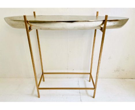 CONSOLE TABLE, gilt metal base with polished metal barge top, 74x91x24. 