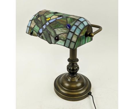 TIFFANY STYLE BANKERS LAMP, green and blue glass shade, 35cm H x 30cm W. 