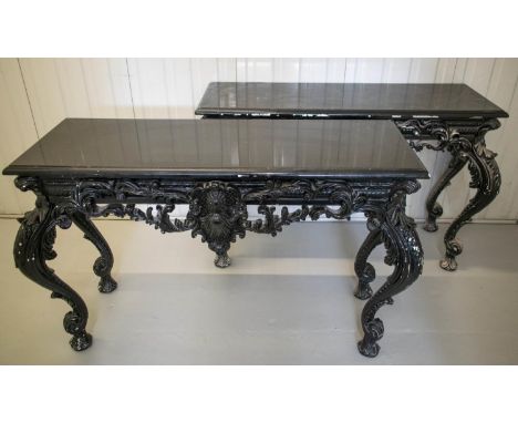 CONSOLE TABLES, 77cm H x 127cm x 48cm, a pair, 18th century style in black gloss finish. (2) 