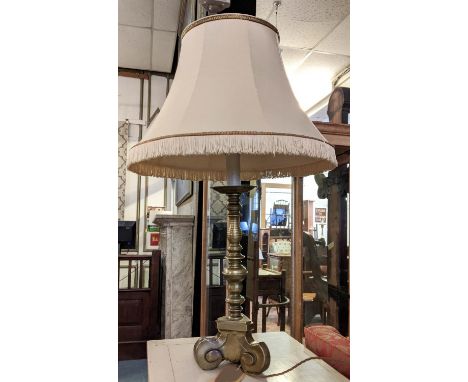 TABLE LAMP, brass base 48cm H including shade triform base 97cm H. 