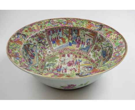 CHINESE FAMILLE ROSE, 19th century basin, decorated with courtyard scenes foliage and butterflies. 
