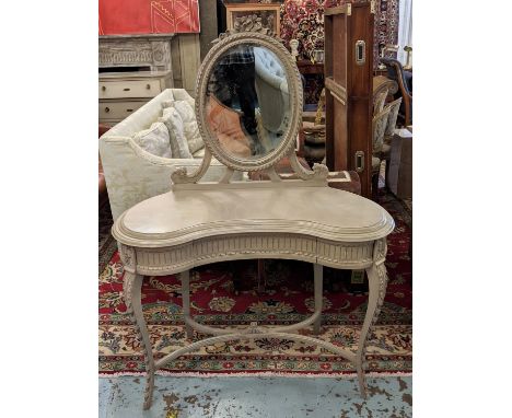 DRESSING TABLE, 107cm W x 50cm D, Louis XVI style grey painted with oval mirror above three drawers. 