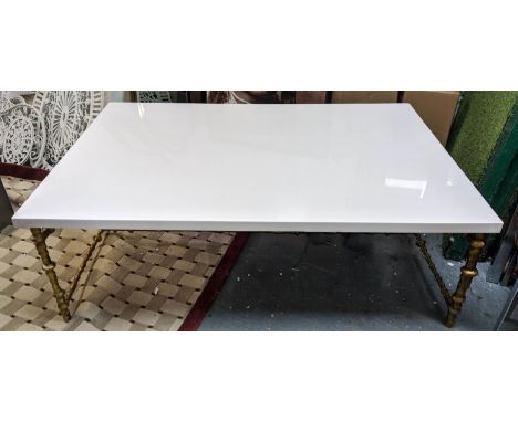 LOW TABLE, 91.5cm x 137cm x 36cm, cast resin top, iron base, gilt finish. 